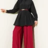 Belted Waist Pleated Parachute Shirt Black