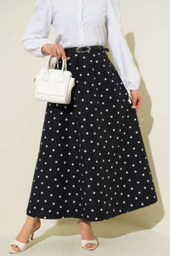 Belted Waist Pleated Polka Dot Skirt Black wholesale skirt - Hicabistan Turkey factory