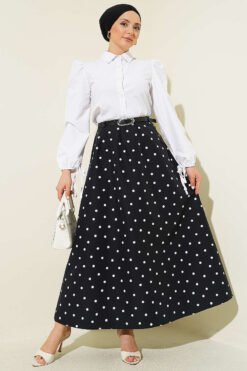 Belted Waist Pleated Polka Dot Skirt Black wholesale skirt view 2 - Hicabistan Turkey factory