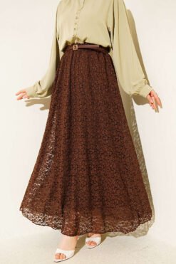 Elastic Waist Lace Skirt Brown groothandel skirt - Hicabistan Turkije fabriek