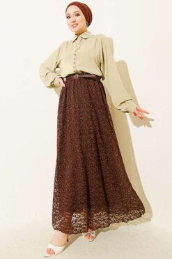 Elastic Waist Lace Skirt Brown groothandel skirt view 2 - Hicabistan Turkije fabriek