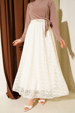 Elastic Waist Lace Skirt Cream groothandel skirt - Hicabistan Turkije fabriek
