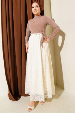 Elastic Waist Lace Skirt Cream groothandel skirt view 2 - Hicabistan Turkije fabriek