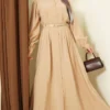 Belted Button-Up Modal Dress Camel groothandel dress - Hicabistan Turkije fabriek
