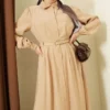 Belted Button-Up Modal Dress Camel groothandel dress view 2 - Hicabistan Turkije fabriek