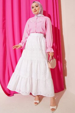 Belted Ruffled Skirt White groothandel skirt view 2 - Hicabistan Turkije fabriek