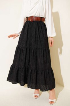 Belted Ruffled Skirt Black groothandel skirt - Hicabistan Turkije fabriek