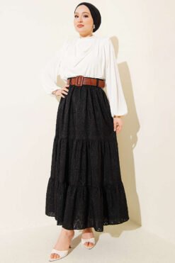 Belted Ruffled Skirt Black groothandel skirt view 2 - Hicabistan Turkije fabriek