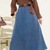Belted Pocket Elastic Waist Denim Skirt Blue