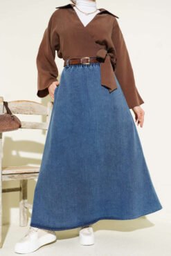 Belted Pocket Elastic Waist Denim Skirt Blue wholesale skirt - Hicabistan Turkey factory
