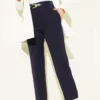 Belted Pocket Slim Fit Fabric Trousers Navy Blue