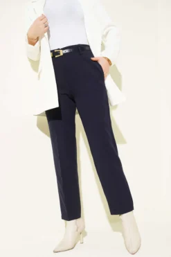 Belted Pocket Slim Fit Fabric Trousers Navy Blue