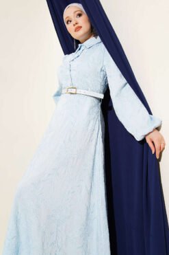 Belted Floral Embroidered Button Dress Baby Blue