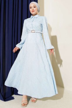 Vista alternativa de Belted Floral Embroidered Button Dress Baby Blue