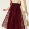 Belted Floral Flared Tulle Skirt Burgundy en gros skirt - Hicabistan usine Turquie