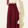 Belted Floral Flared Tulle Skirt Burgundy wholesale skirt view 3 - Hicabistan Turkey factory