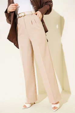Belted Button Wide Leg Trousers Beige