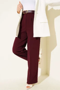 Belted Button Wide Leg Trousers Burgundy