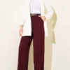 Belted Button Wide Leg Trousers Burgundy wholesale pants view 2 - Hicabistan Turkey factory