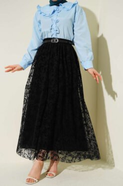 Belted Lace Detail Skirt Black