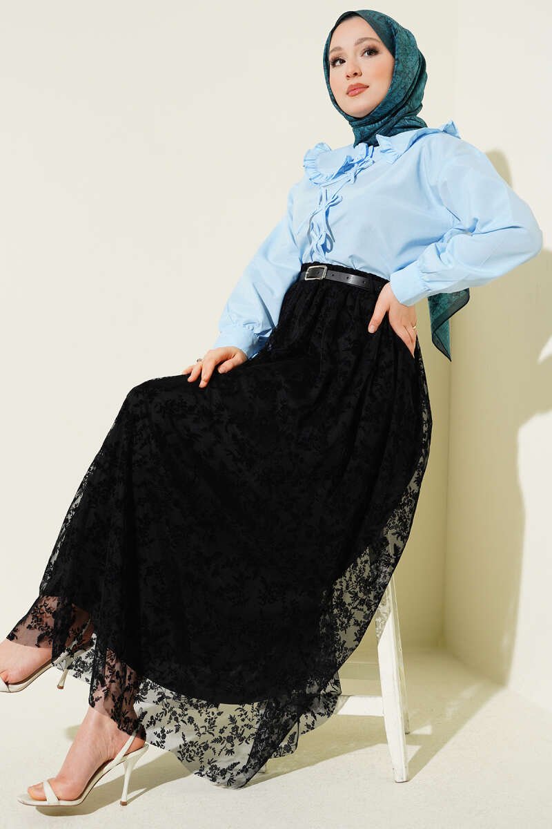 Belted Lace Detail Skirt Black al por mayor skirt view 2 - Hicabistan fábrica Turquía