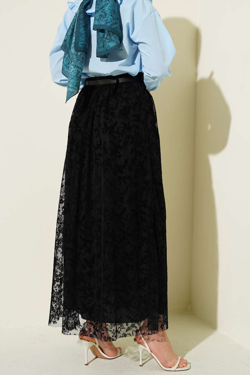 Belted Lace Detail Skirt Black al por mayor skirt view 3 - Hicabistan fábrica Turquía