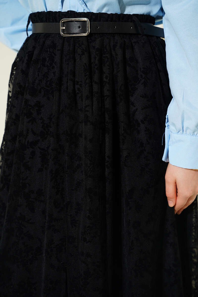 Belted Lace Detail Skirt Black al por mayor skirt view 4 - Hicabistan fábrica Turquía