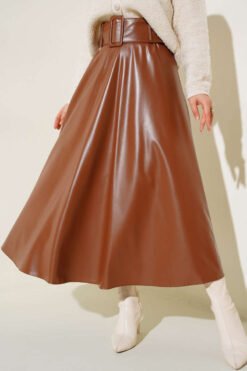 Belted Leather Skirt Tan