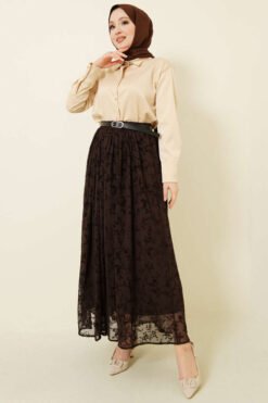 Belted Patterned Tulle Skirt Brown wholesale skirt view 2 - Hicabistan Turkey factory