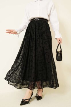 Belted Patterned Tulle Skirt Black groothandel skirt - Hicabistan Turkije fabriek