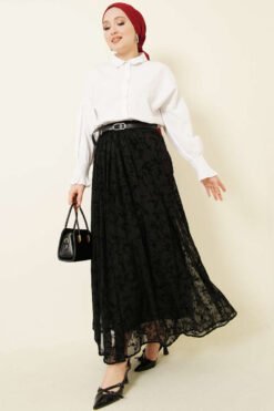 Belted Patterned Tulle Skirt Black groothandel skirt view 2 - Hicabistan Turkije fabriek