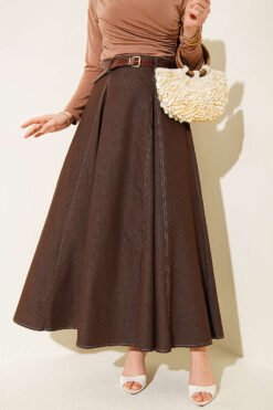 Belted Stitch Detail Denim Skirt Brown