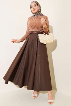 Belted Stitch Detail Denim Skirt Brown groothandel skirt view 2 - Hicabistan Turkije fabriek