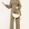 Belted Button Detail Two-Piece Set Khaki