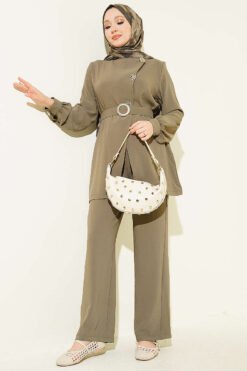Belted Button Detail Two-Piece Set Khaki en gros clothing set - Hicabistan usine Turquie