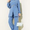 Belted Button Detail Two-Piece Set Indigo