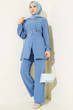 Belted Button Detail Two-Piece Set Indigo Großhandel clothing set - Hicabistan Türkei Fabrik