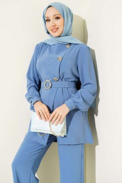 Belted Button Detail Two-Piece Set Indigo Großhandel clothing set view 2 - Hicabistan Türkei Fabrik