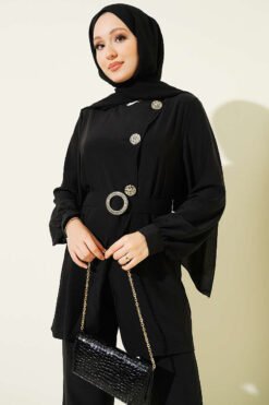 Belted Button Detail Two-Piece Set Black Großhandel clothing set view 2 - Hicabistan Türkei Fabrik