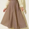 Belted Plaid Flared Skirt Camel