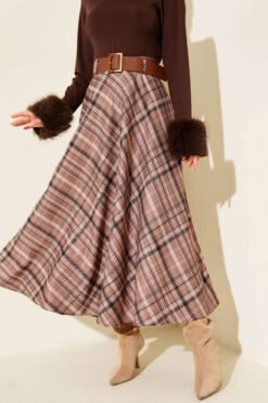 Belted Plaid Flared Skirt Mink بالجملة skirt - Hicabistan مصنع تركيا