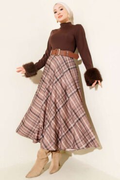 Belted Plaid Flared Skirt Mink بالجملة skirt view 2 - Hicabistan مصنع تركيا