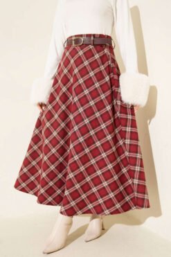 Belted Checkered Skirt Burgundy بالجملة skirt - Hicabistan مصنع تركيا