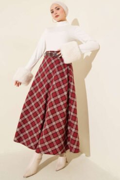 Belted Checkered Skirt Burgundy بالجملة skirt view 2 - Hicabistan مصنع تركيا