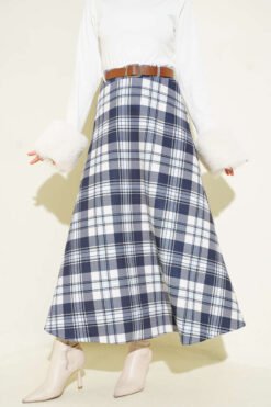Belted Checkered Scuba Skirt Navy Blue بالجملة skirt - Hicabistan مصنع تركيا