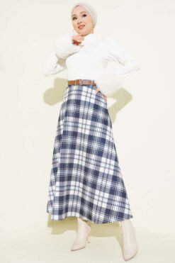 Belted Checkered Scuba Skirt Navy Blue بالجملة skirt view 2 - Hicabistan مصنع تركيا