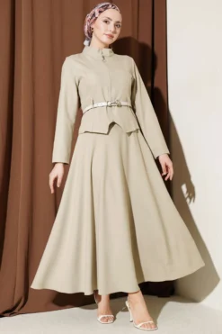 Belted Zippered Basic Skirt Set Beige wholesale clothing set view 2 - Hicabistan Turkey factory