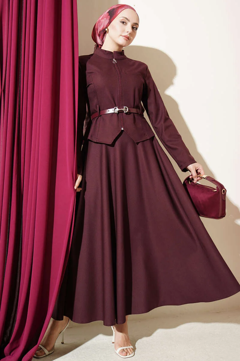 Belted Zippered Basic Skirt Set Burgundy Großhandel clothing set - Hicabistan Türkei Fabrik
