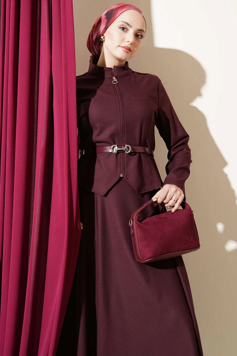 Belted Zippered Basic Skirt Set Burgundy Großhandel clothing set view 2 - Hicabistan Türkei Fabrik