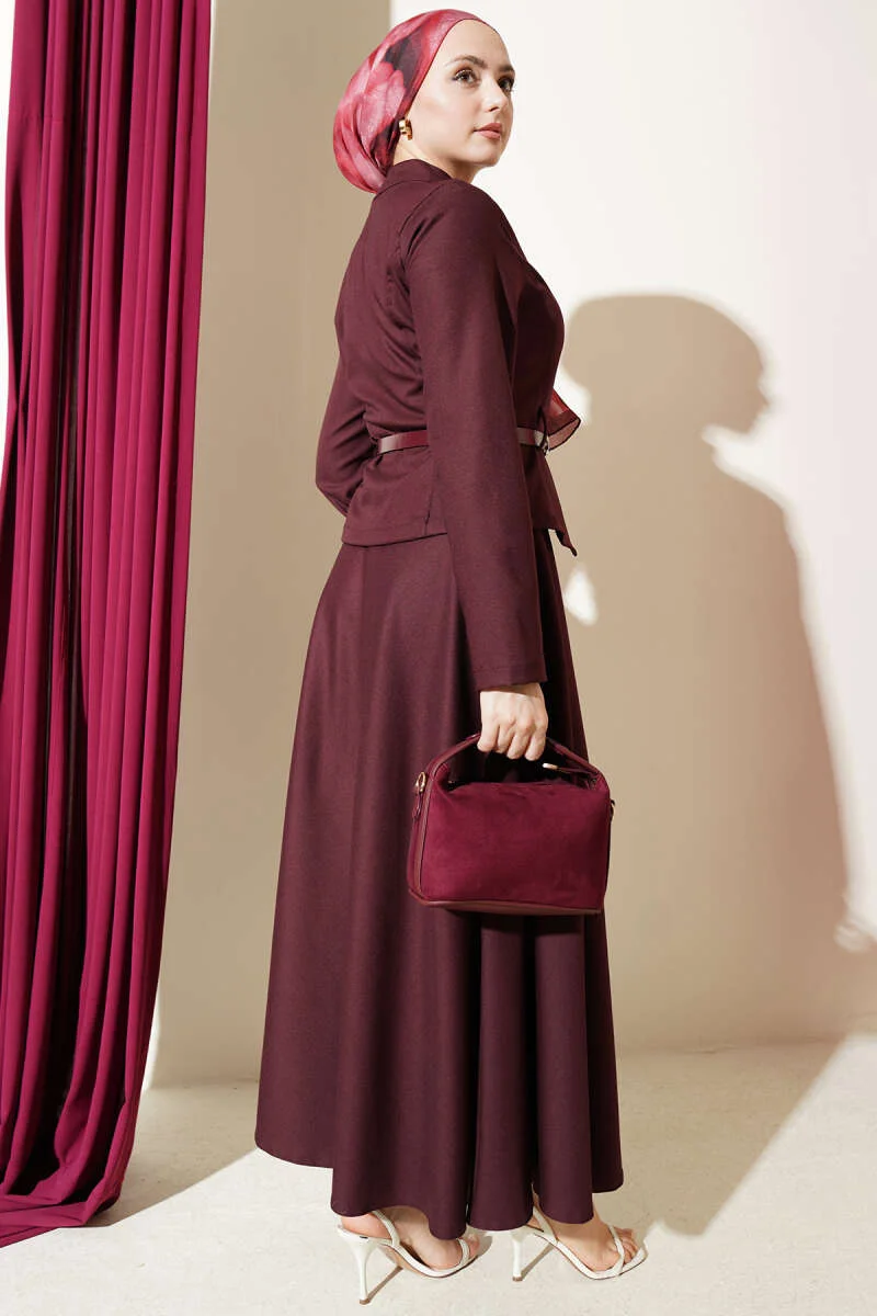 Belted Zippered Basic Skirt Set Burgundy Großhandel clothing set view 3 - Hicabistan Türkei Fabrik